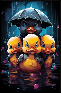 Ducklings in Rainstorm: Whimsical Family Art Poster