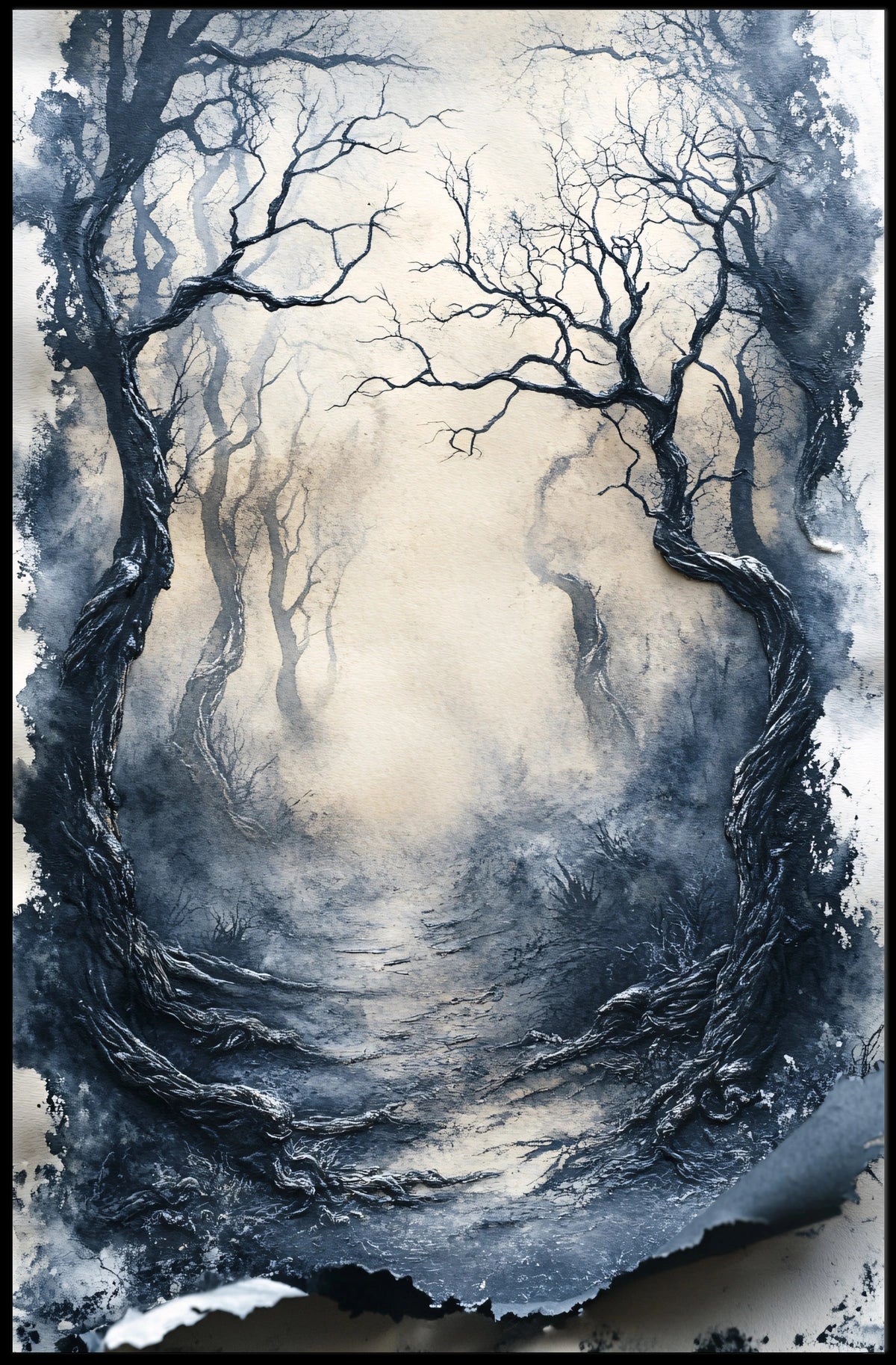 Misty Forest Path Eerie Landscape Artistic Poster