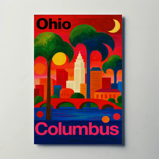 Columbus Ohio Colorful Skyline Artistic Riverfront Travel Poster