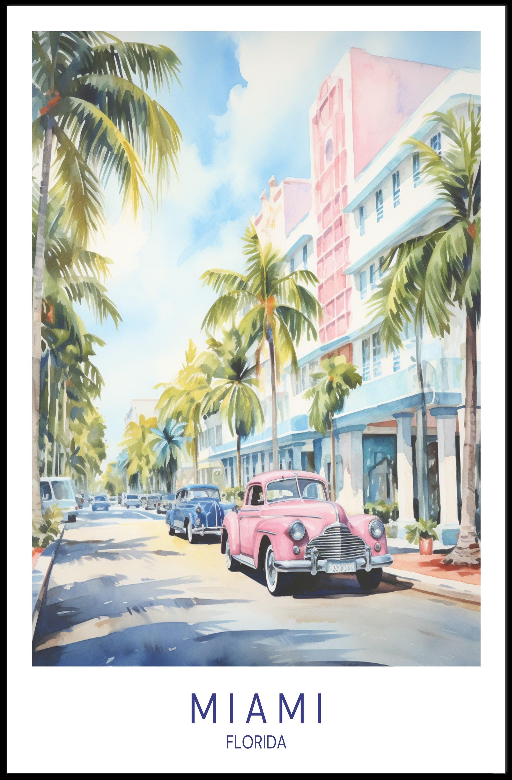 Miami Vintage Cars Street Scene Travel Poster