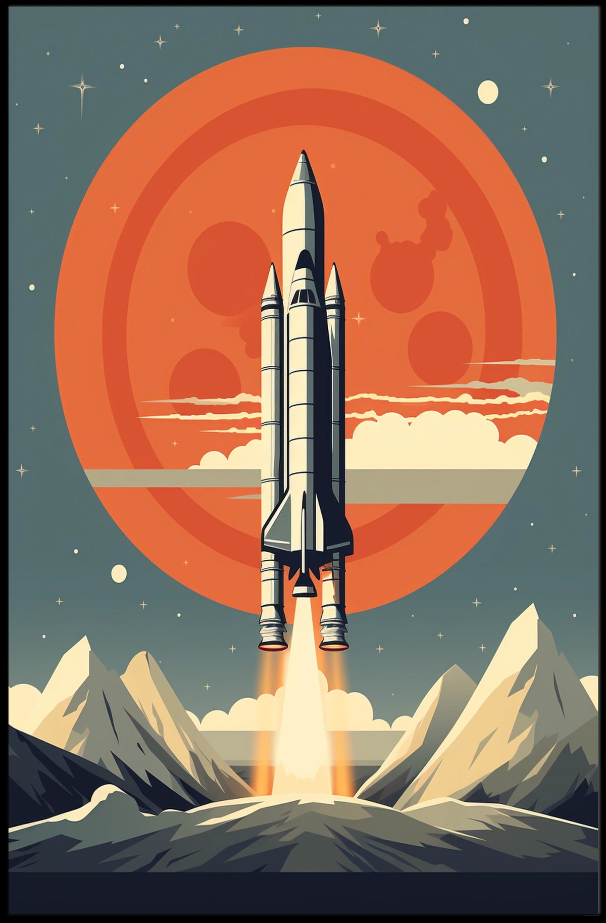 Retro Space Shuttle Launch Scene: Futuristic Sci-Fi Poster
