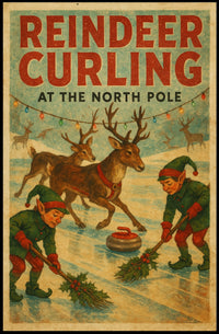 Reindeer Curling at the North Pole Poster