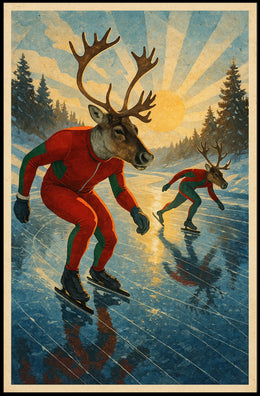 Whimsical Reindeer Skating Vintage Style Fantasy or Mythology Poster