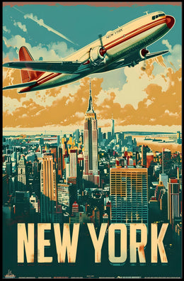 New York Skyline with Airplane Poster Vintage Wall Art