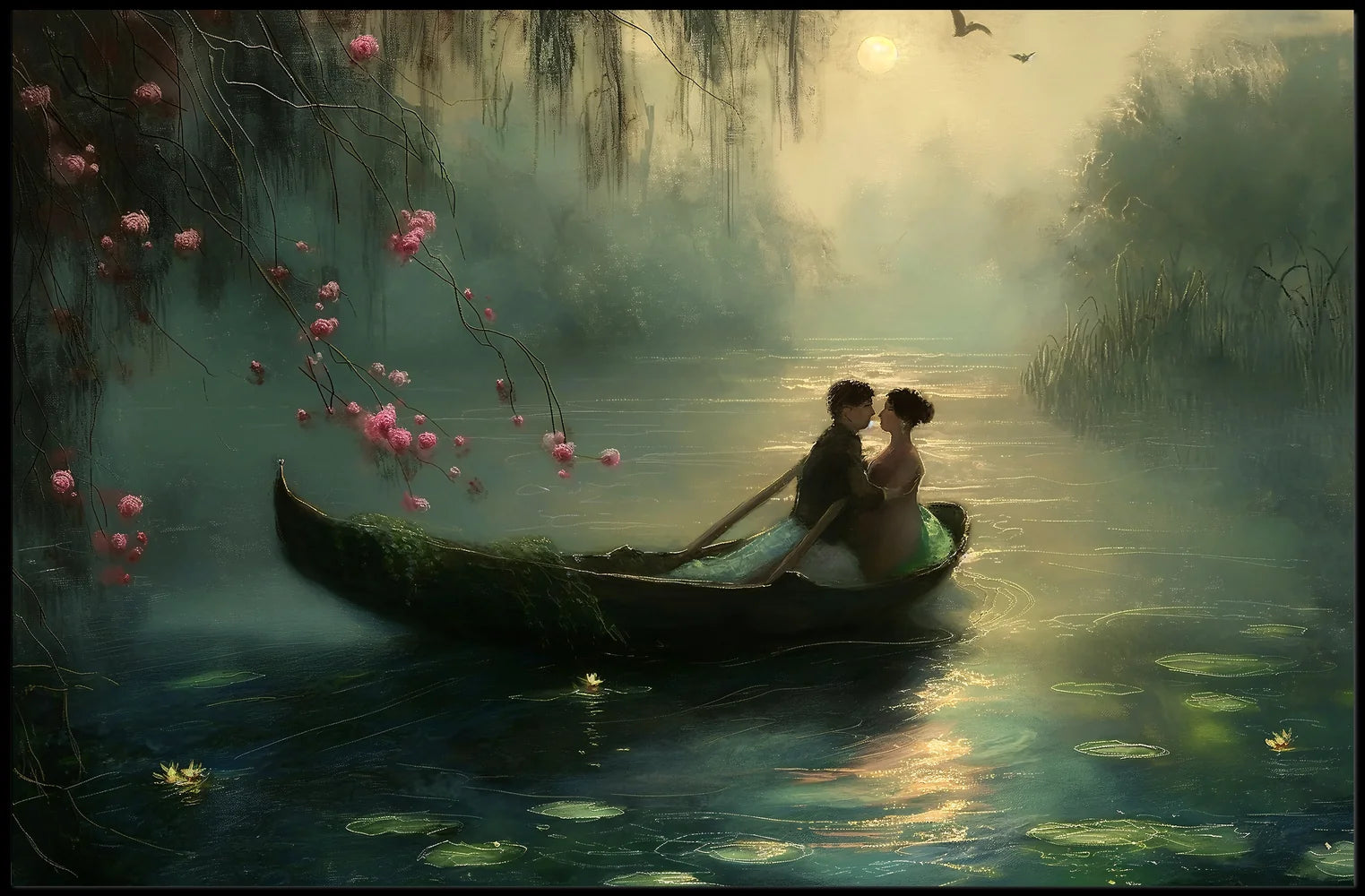 Romantic Rowboat Scene: Dreamy Impressionist Lake Poster