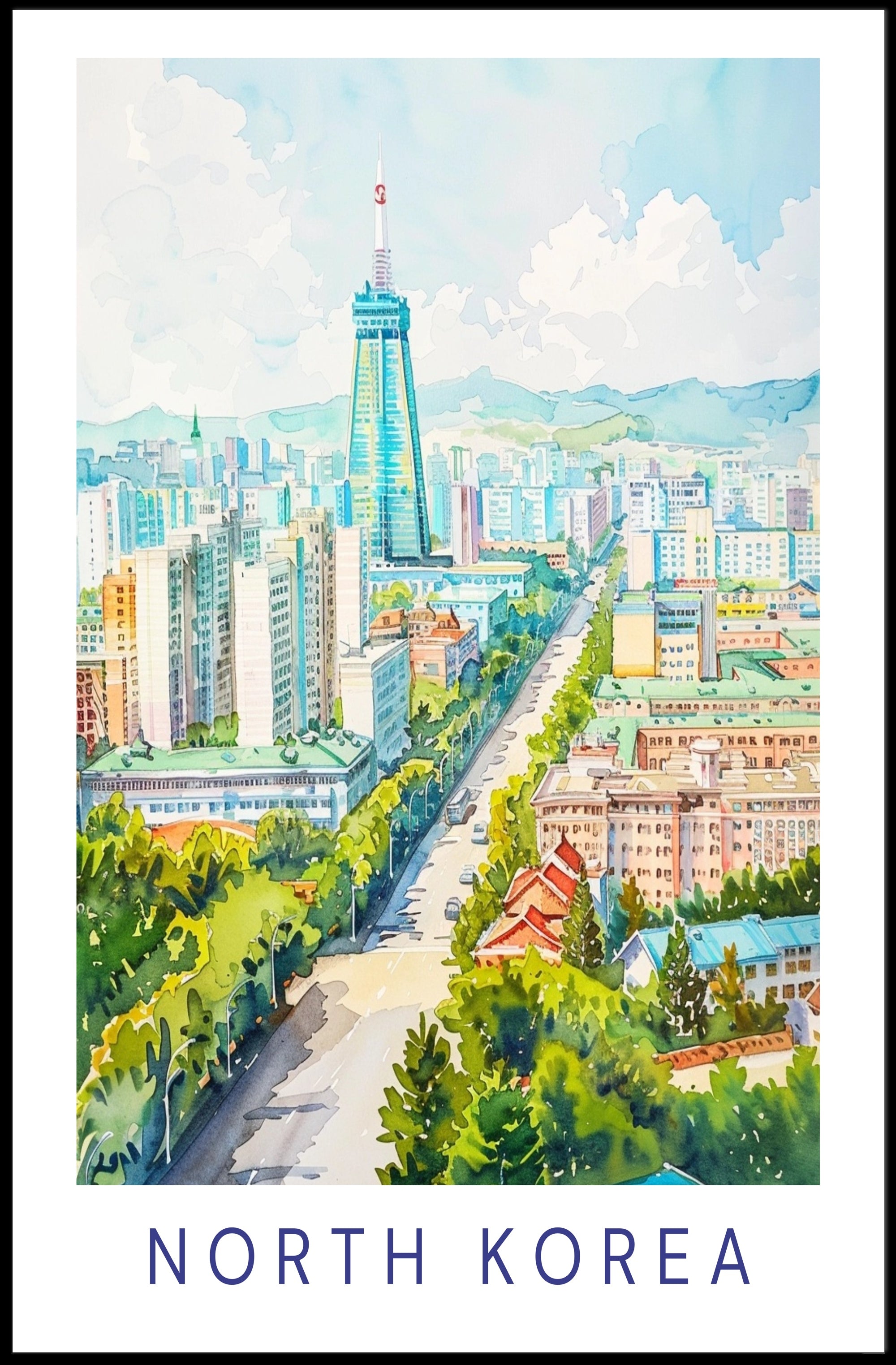 Vibrant Pyongyang Cityscape with Ryugyong Hotel Urban Poster PosterGoat