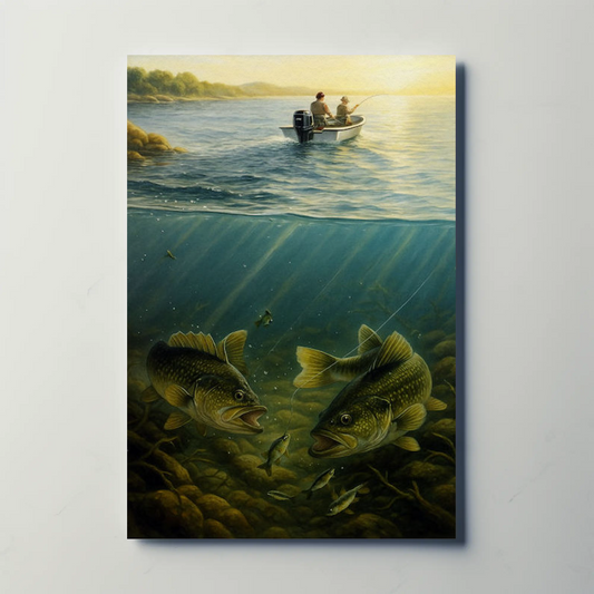 Bass Fishing Illustration Lake Nature Morning Travel Poster
