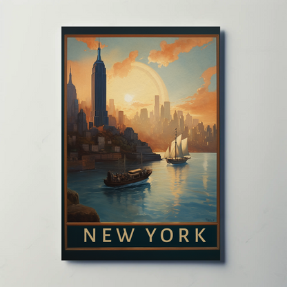 New York Harbor Sunset Vintage Travel Poster