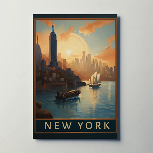 New York Harbor Sunset Vintage Travel Poster
