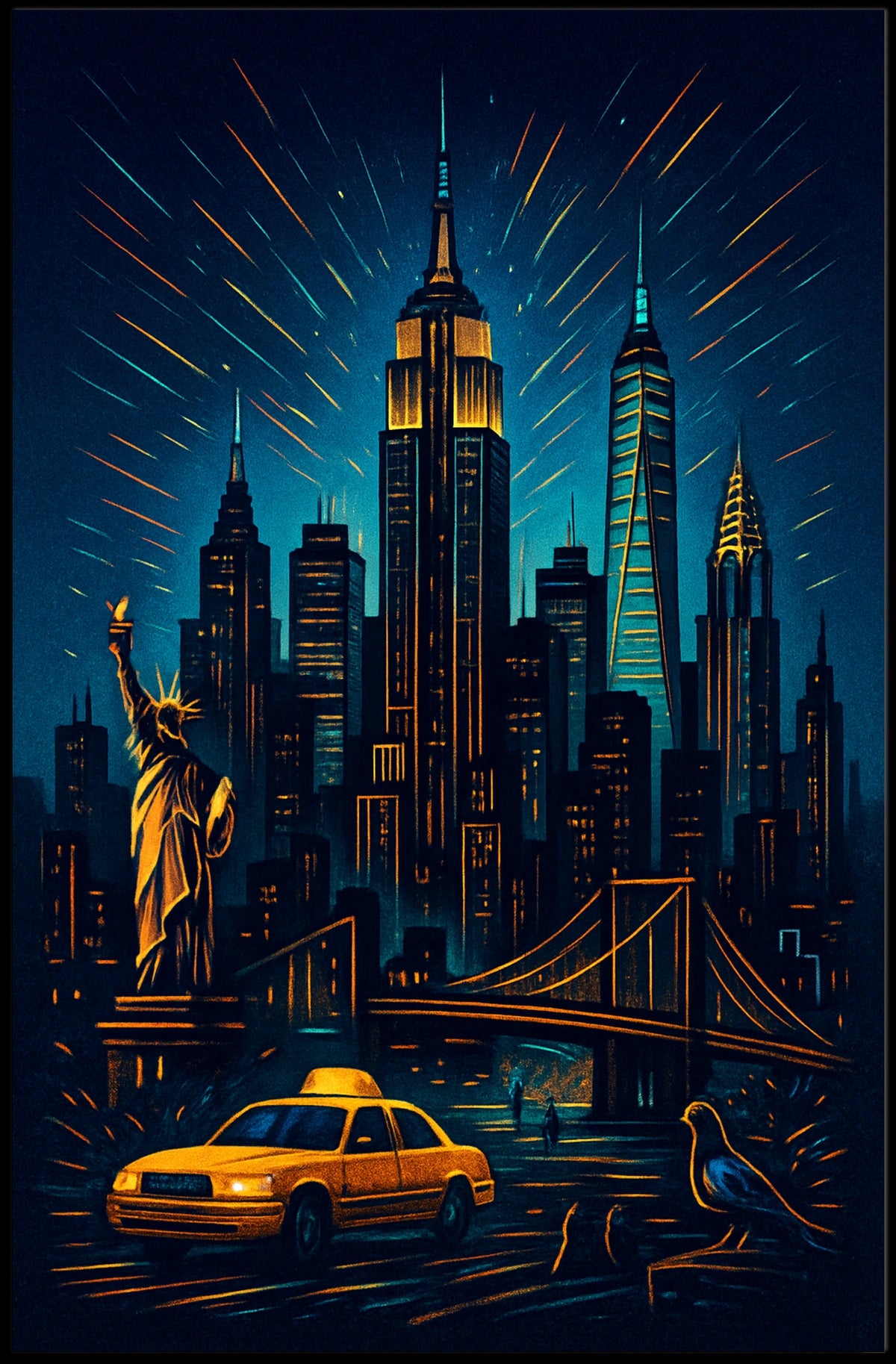 New York City Night Skyline Panorama Poster Modern Wall Art