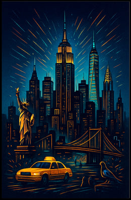 New York City Night Skyline Panorama Poster Modern Wall Art