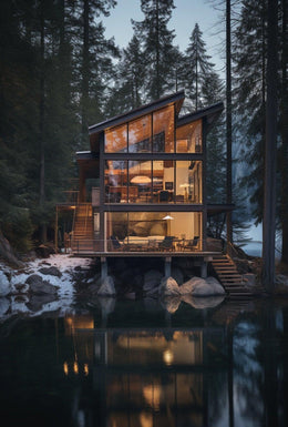 Modern Glass Cabin by Tranquil Lake National Park Poster