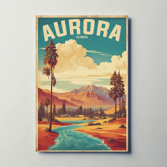 Aurora Illinois River Horizon Vintage Travel Poster