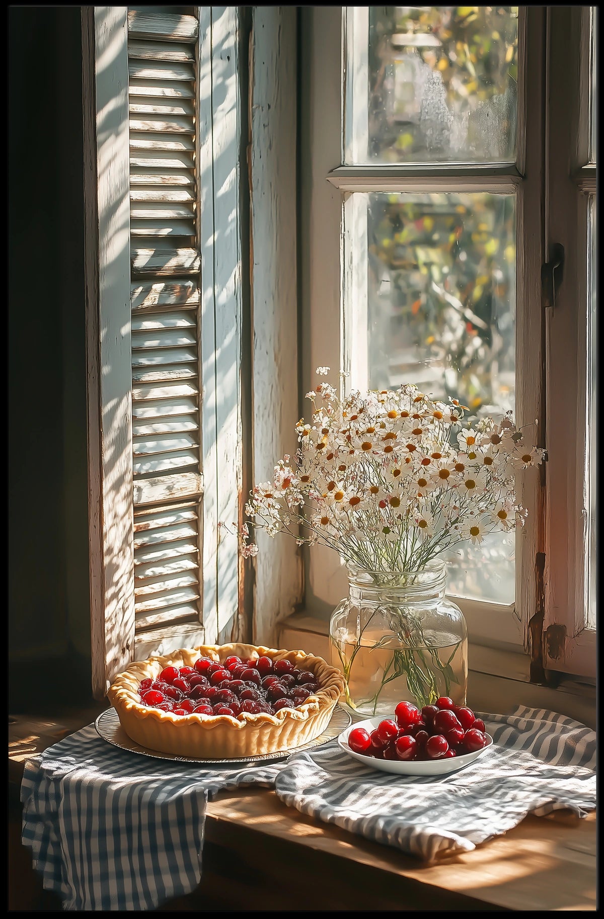 rustic kitchen counter with cherry pie Poster