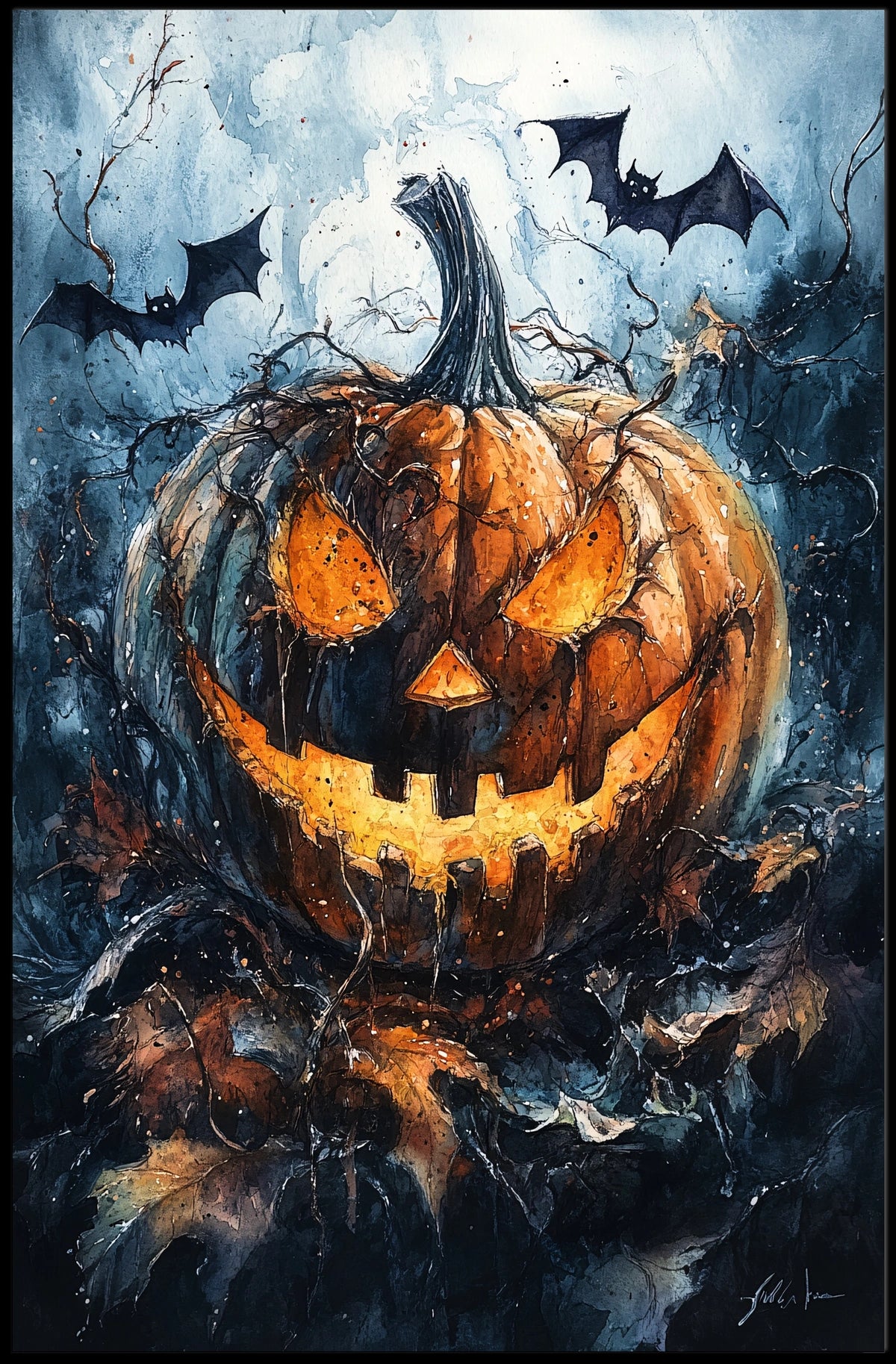 Halloween Night Pumpkin Scene Outdoor Spooky Art Poster