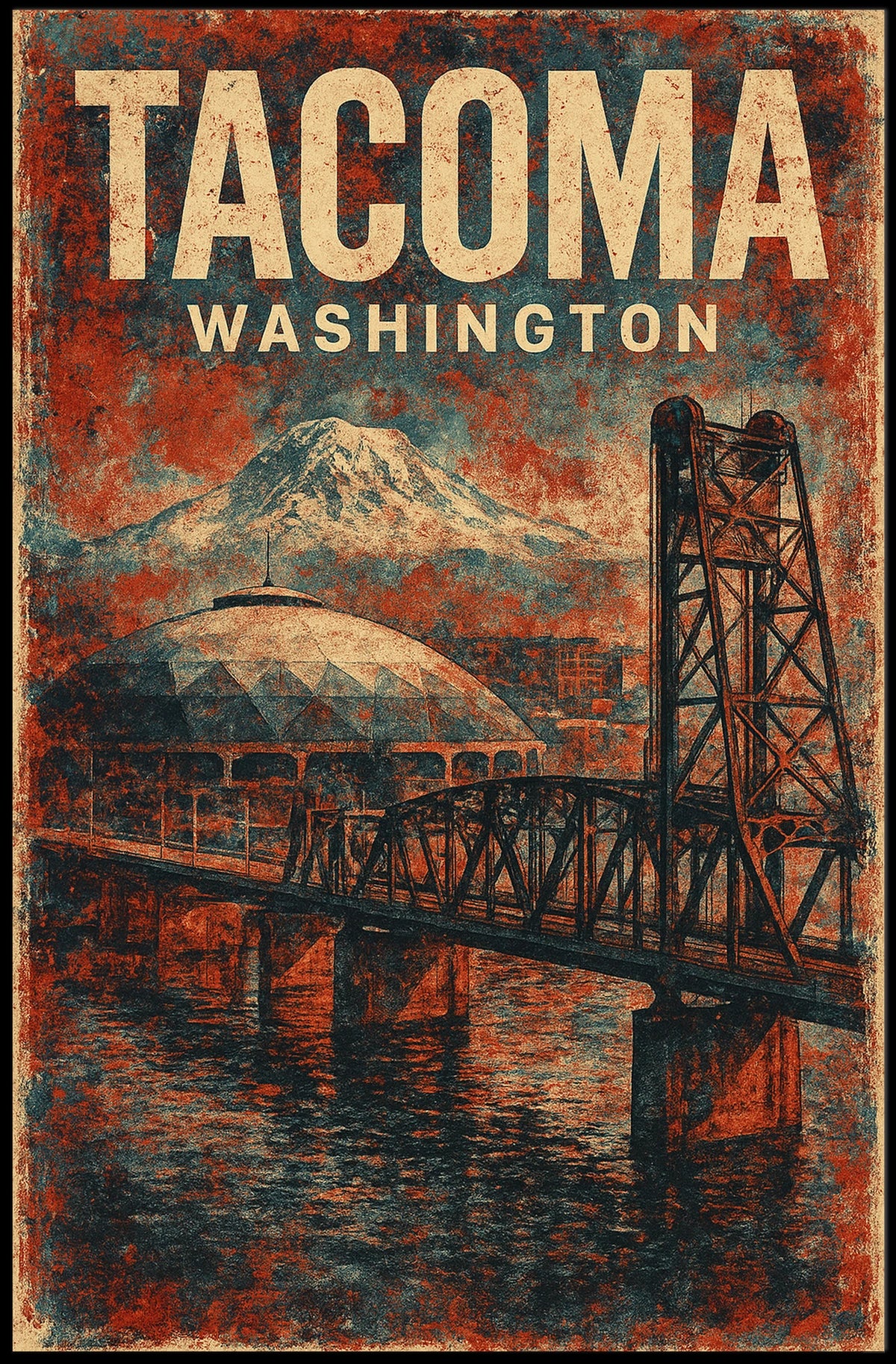 Vintage Tacoma Poster: Bridge, Dome, Mount Rainier