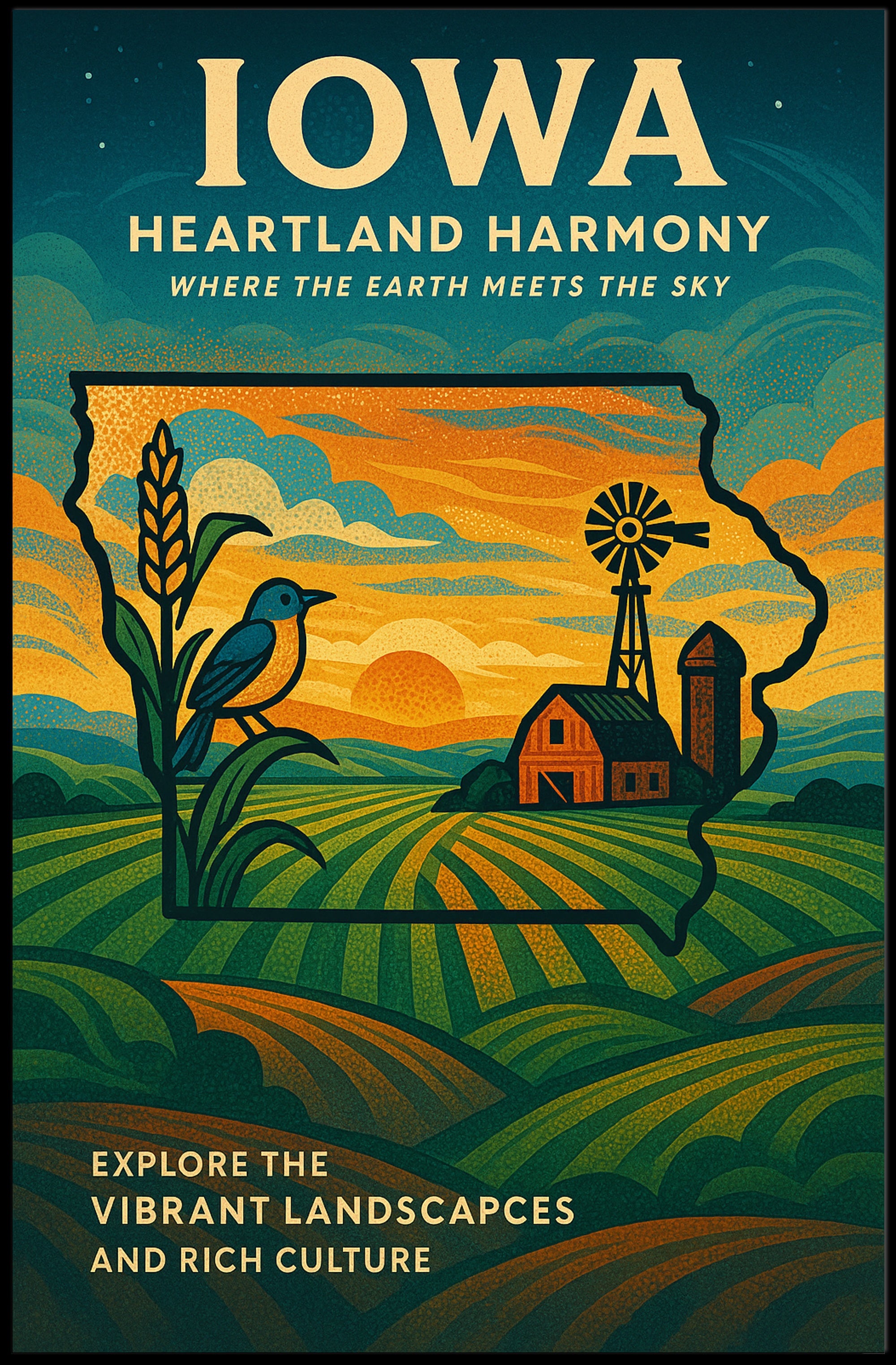 HEARTLAND HARMONY: CELEBRATE IOWA VINTAGE STYLE CULTURAL POSTER
