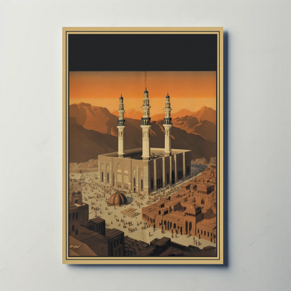 Three Minaret Mosque Mountainside Vintage Travel Poster