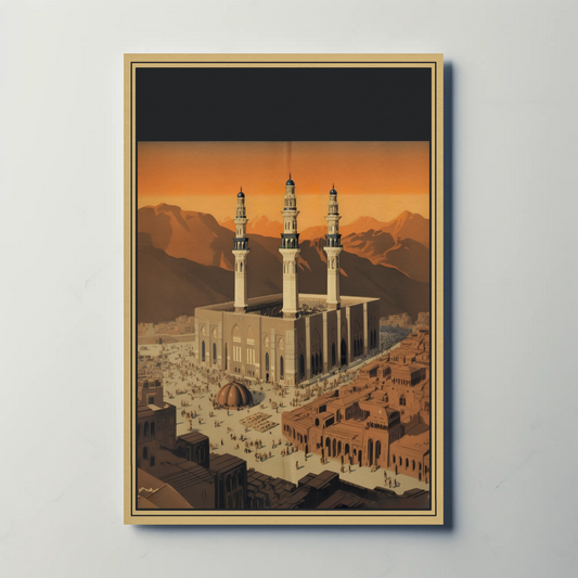 Three Minaret Mosque Mountainside Vintage Travel Poster