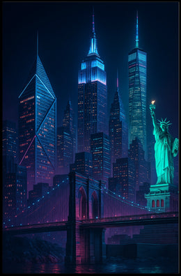 New York City Cyberpunk Skyline Poster Abstract Wall Art