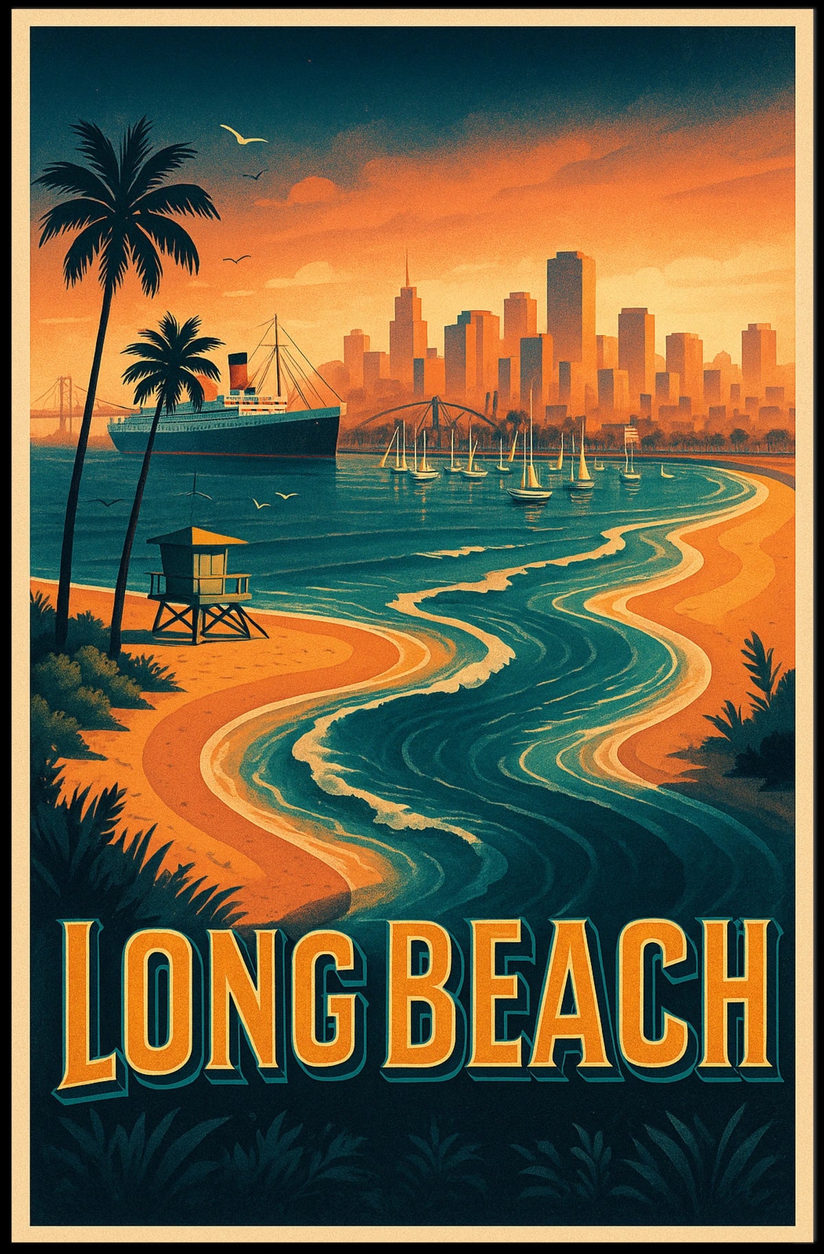 Long Beach Coastal Scene Retro Style Palm Trees City Skyline Poster