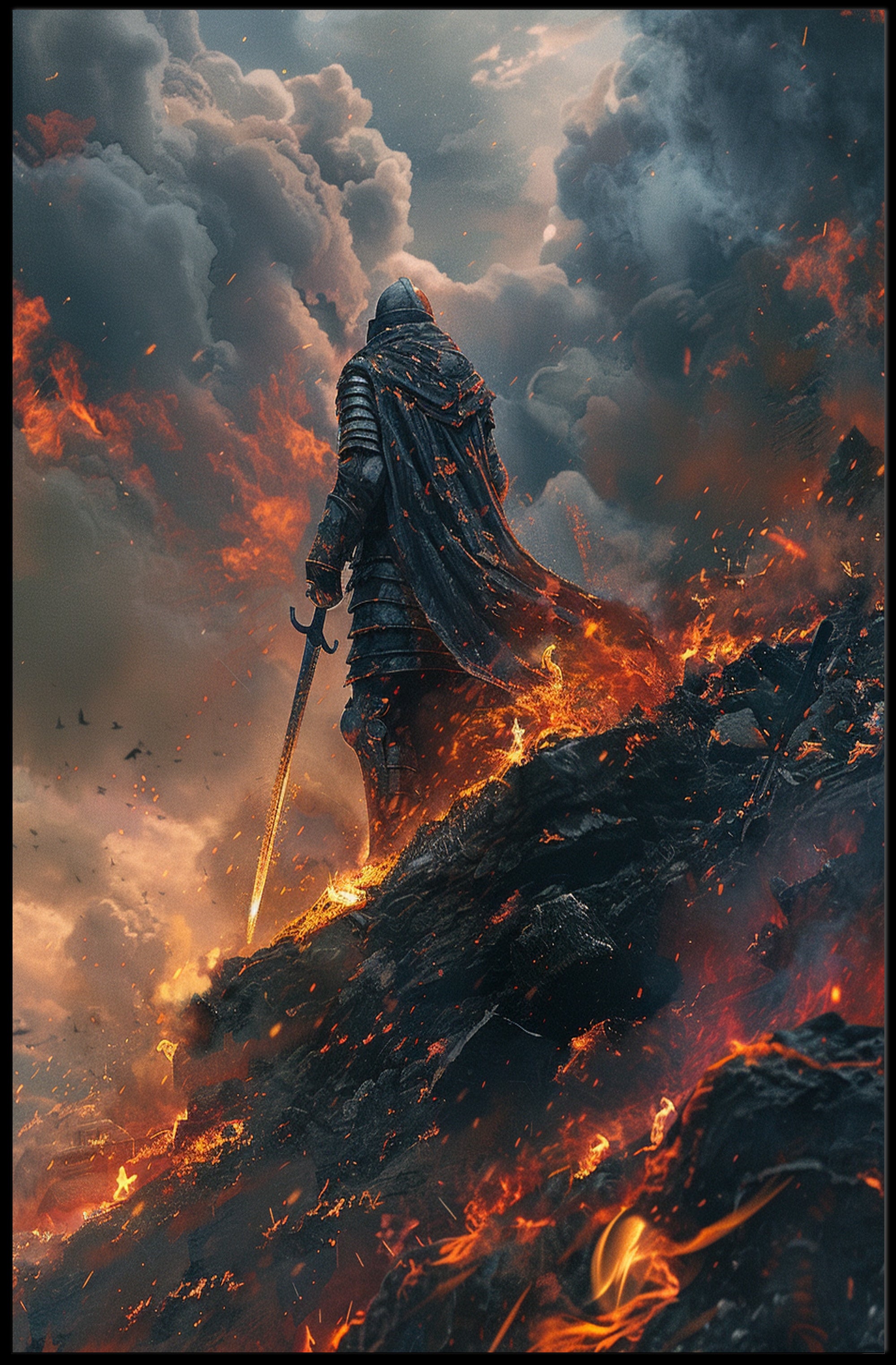 Epic Fantasy Hero Battles Fiery Apocalypse: Fantasy or Mythology Poster PosterGoat
