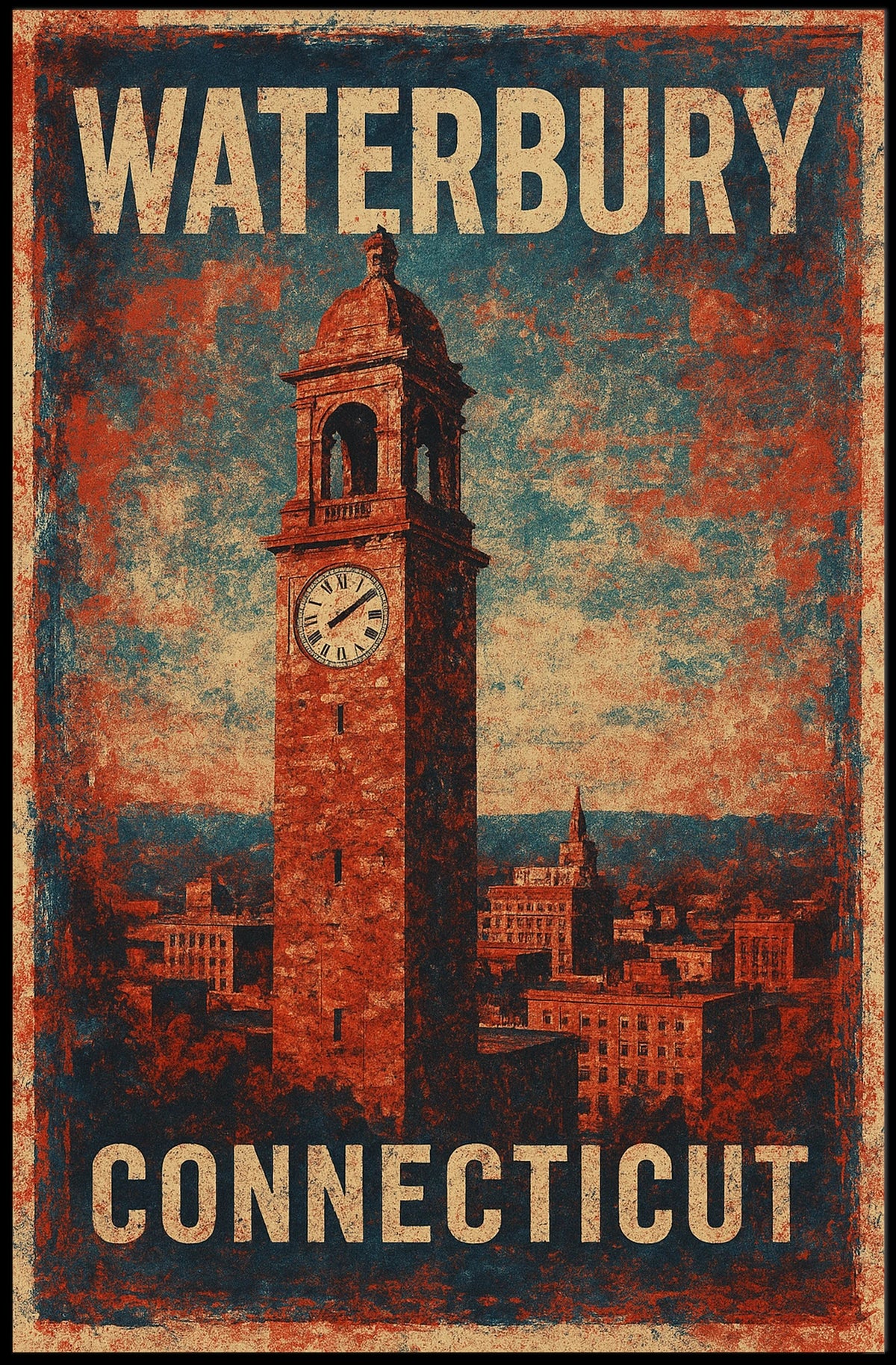 Waterbury Clock Tower Vintage Art Deco Poster