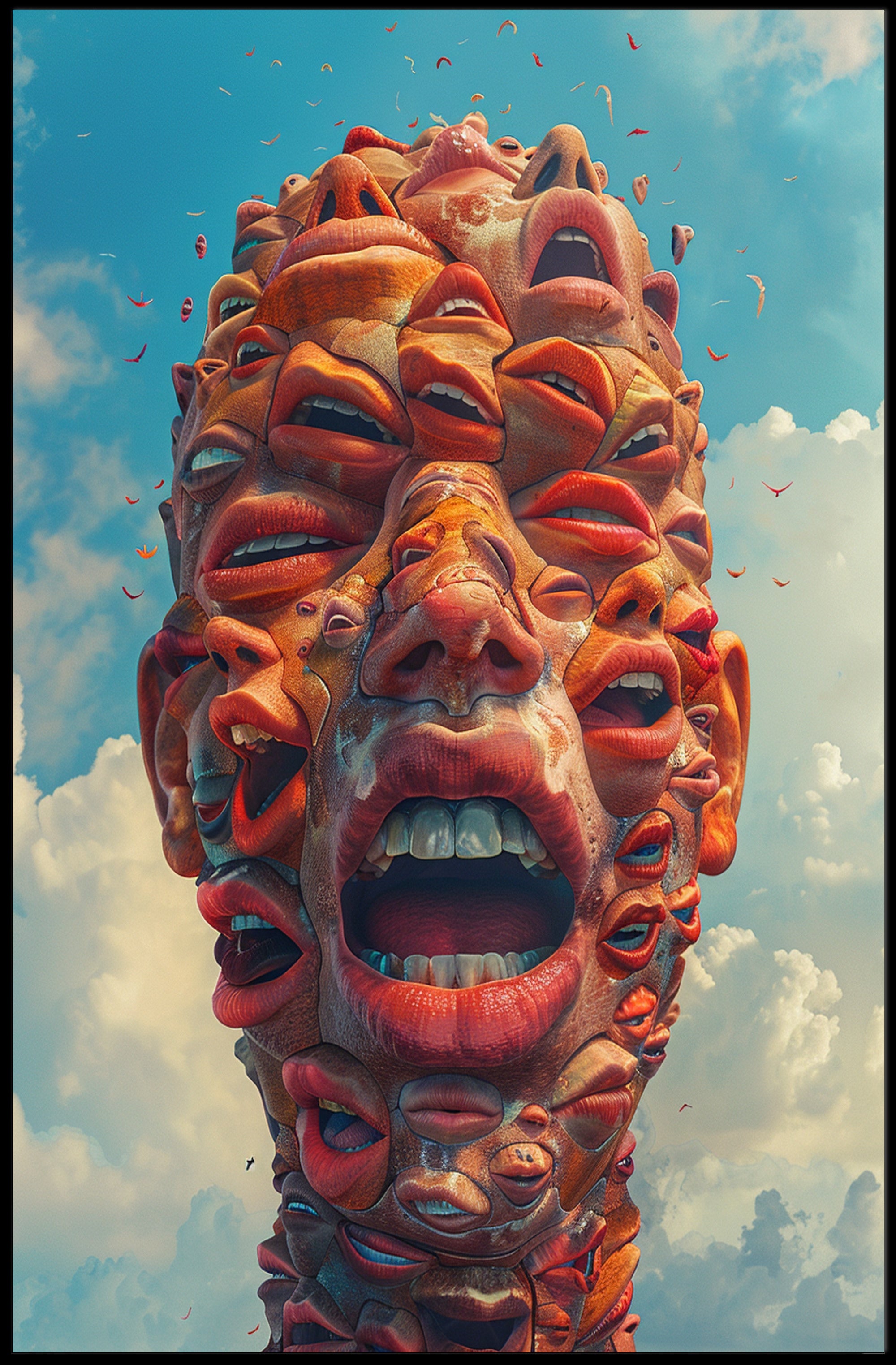 Surreal Abstract Faces Poster with Blue Sky Background PosterGoat