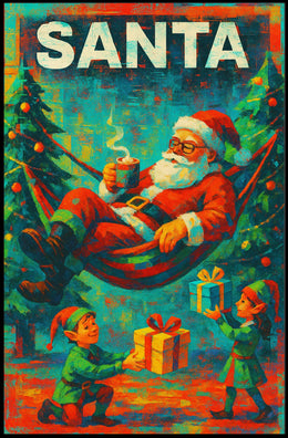 The poster features a festive Christmas theme with a playful depiction of Santa Travel Poster