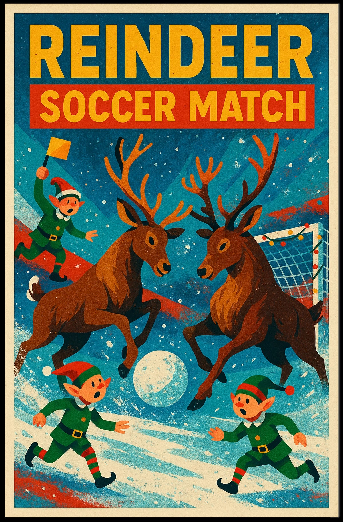 Reindeer Soccer Match Vintage Holiday Poster