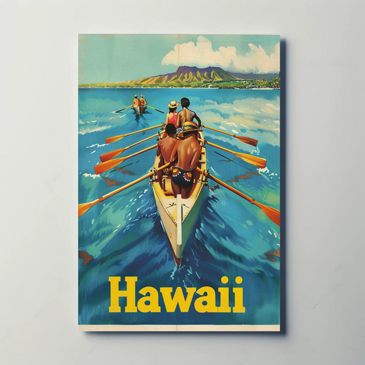 Vintage Travel Poster - Hawaii Rowing Canoe