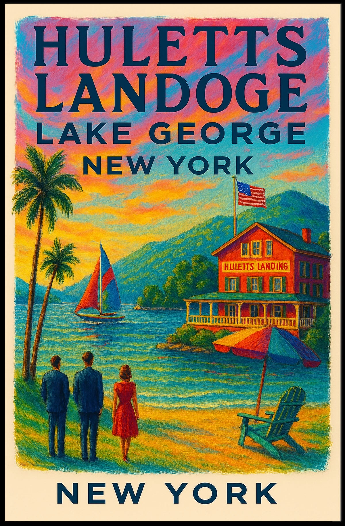 Serene Lake George Lakeside Sunset Poster Vintage Wall Art