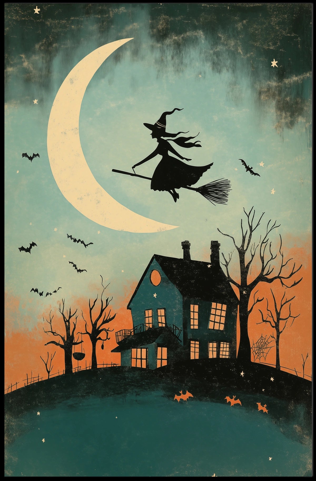 Witch and Moon Halloween Vintage Spooky Whimsical Poster