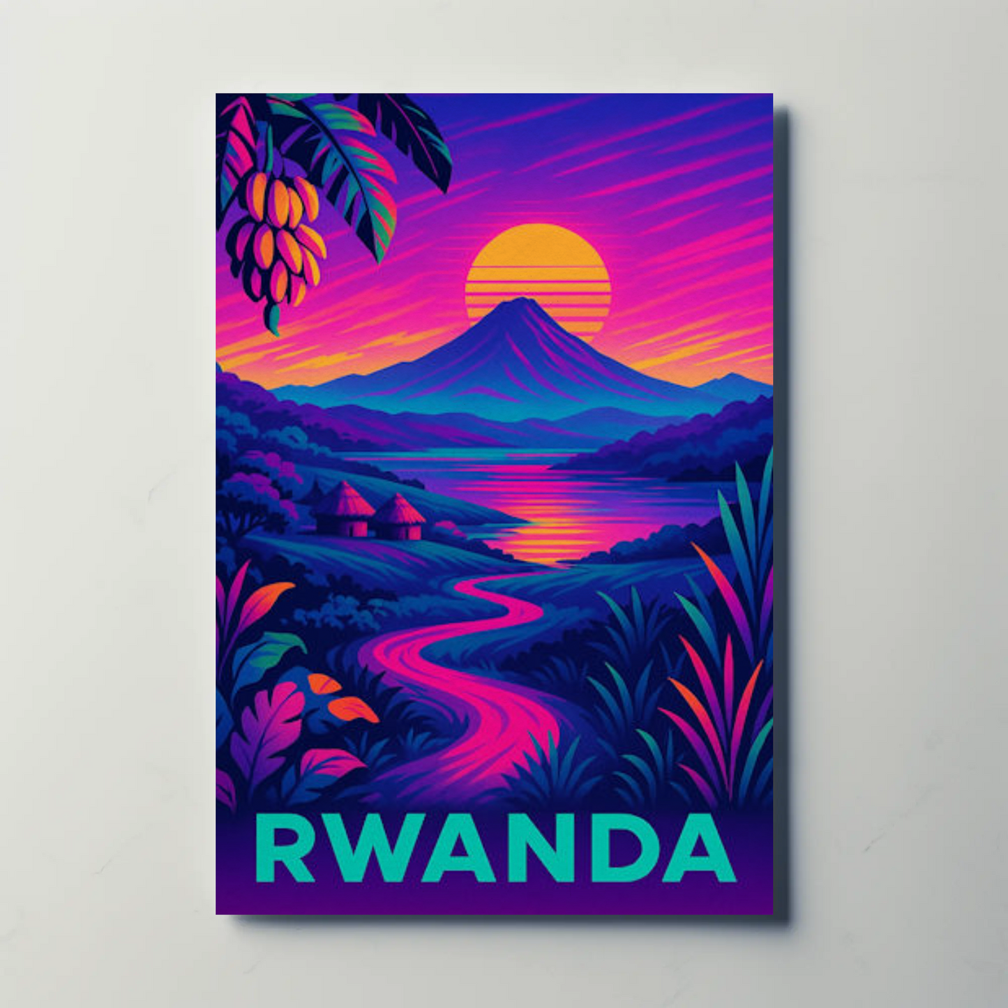 Rwanda Neon Night Valley Sunset Travel Poster