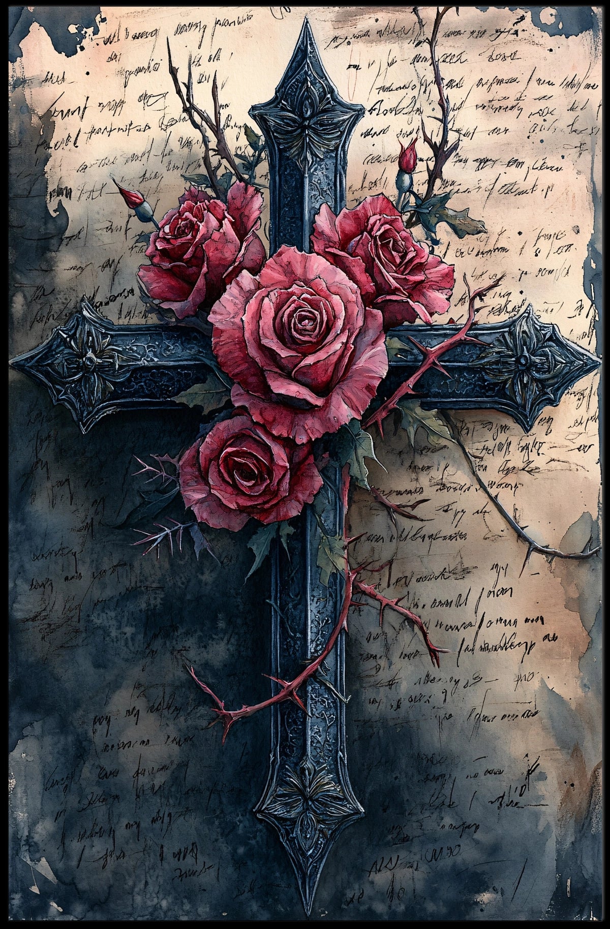 Gothic Cross With Roses Design Poster