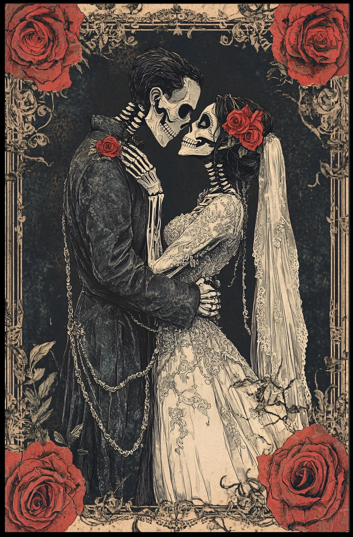 Skeleton Wedding Embrace: Romantic Cultural or Heritage Poster