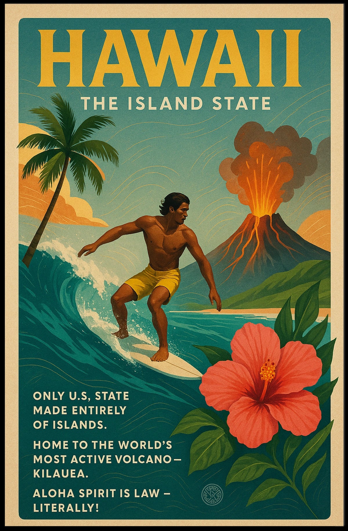 Hawaii Adventure Vintage Travel Poster: Surfing & Volcano
