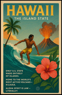 Hawaii Adventure Vintage Travel Poster: Surfing & Volcano