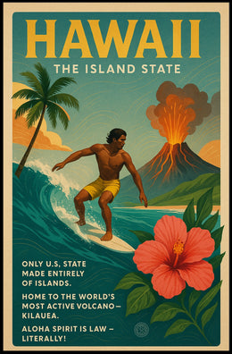 Hawaii Adventure Vintage Travel Poster: Surfing & Volcano