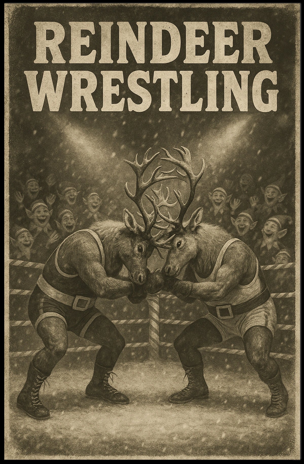 Reindeer Wrestling Holiday Whimsy Poster - Fantasy or Mythology Poster
