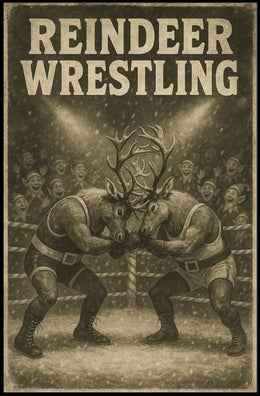 Reindeer Wrestling Holiday Whimsy Poster - Fantasy or Mythology Poster
