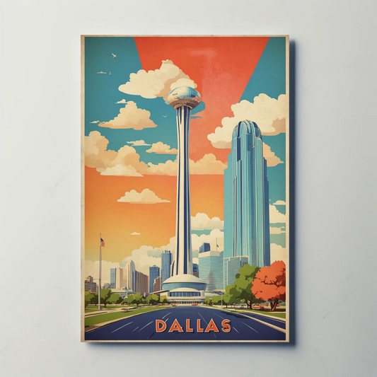 Dallas Texas Skyline Reunion Tower Vintage Travel Poster