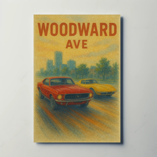 Woodward Avenue Classic Cars Detroit Vintage Travel Poster