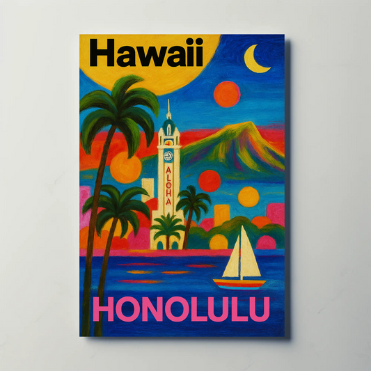 Honolulu Hawaii Skyline Retro Vintage Travel Poster