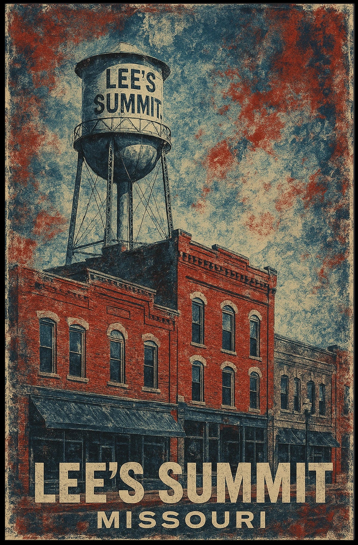 Lees Summit Water Tower Cultural Heritage Retro 80s Folk Art Vintage Missouri Community Pride Poster