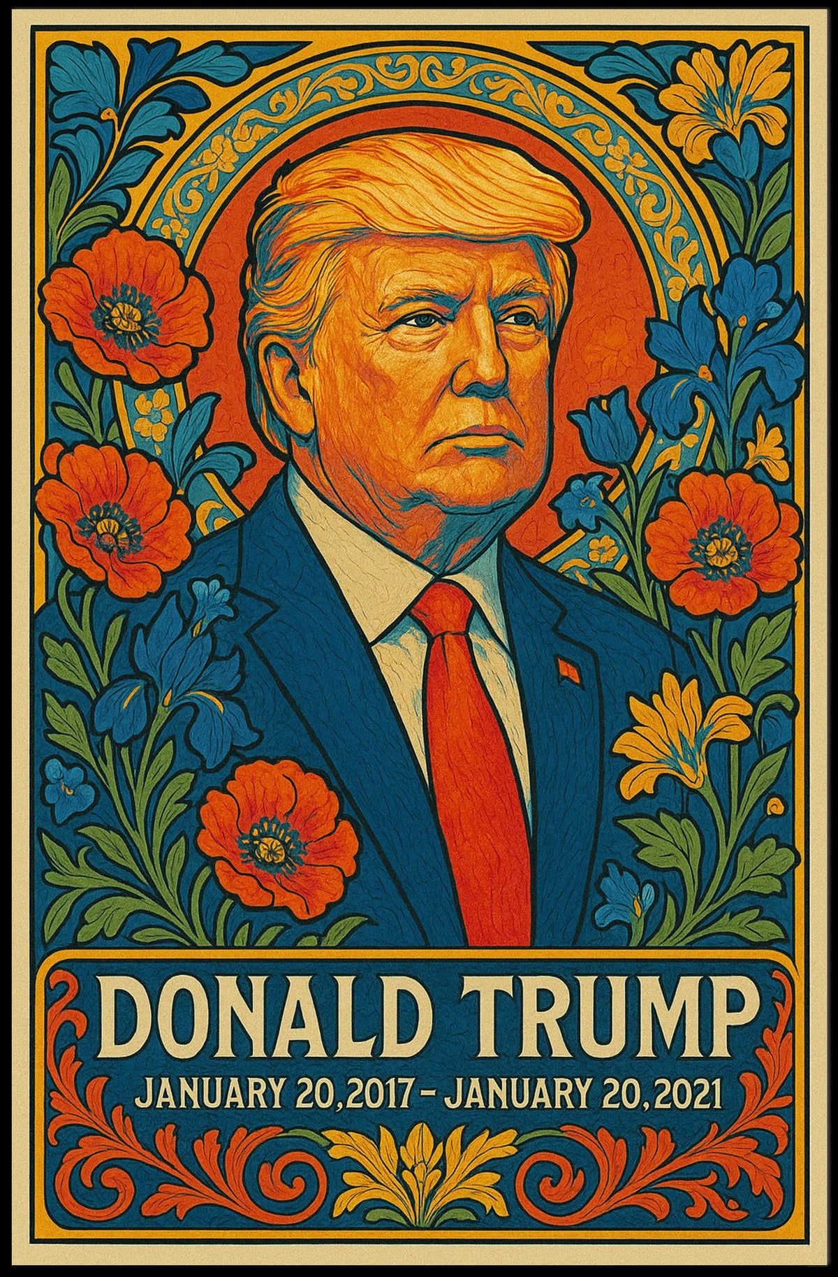 Stylized Vintage Portrait with Floral Historical or Presidential Poster