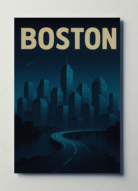 Boston Massachusetts Night Skyline Stars Modern Travel Poster