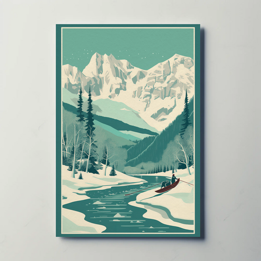 Snowy Alpine Mountain Rowboat Scene Travel Poster