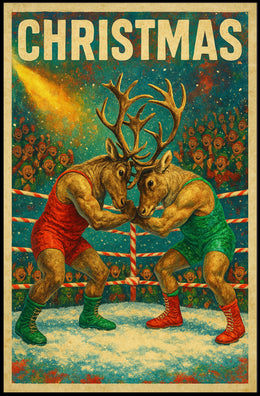 Whimsical Reindeer Wrestling Christmas Fantasy or Mythology Poster