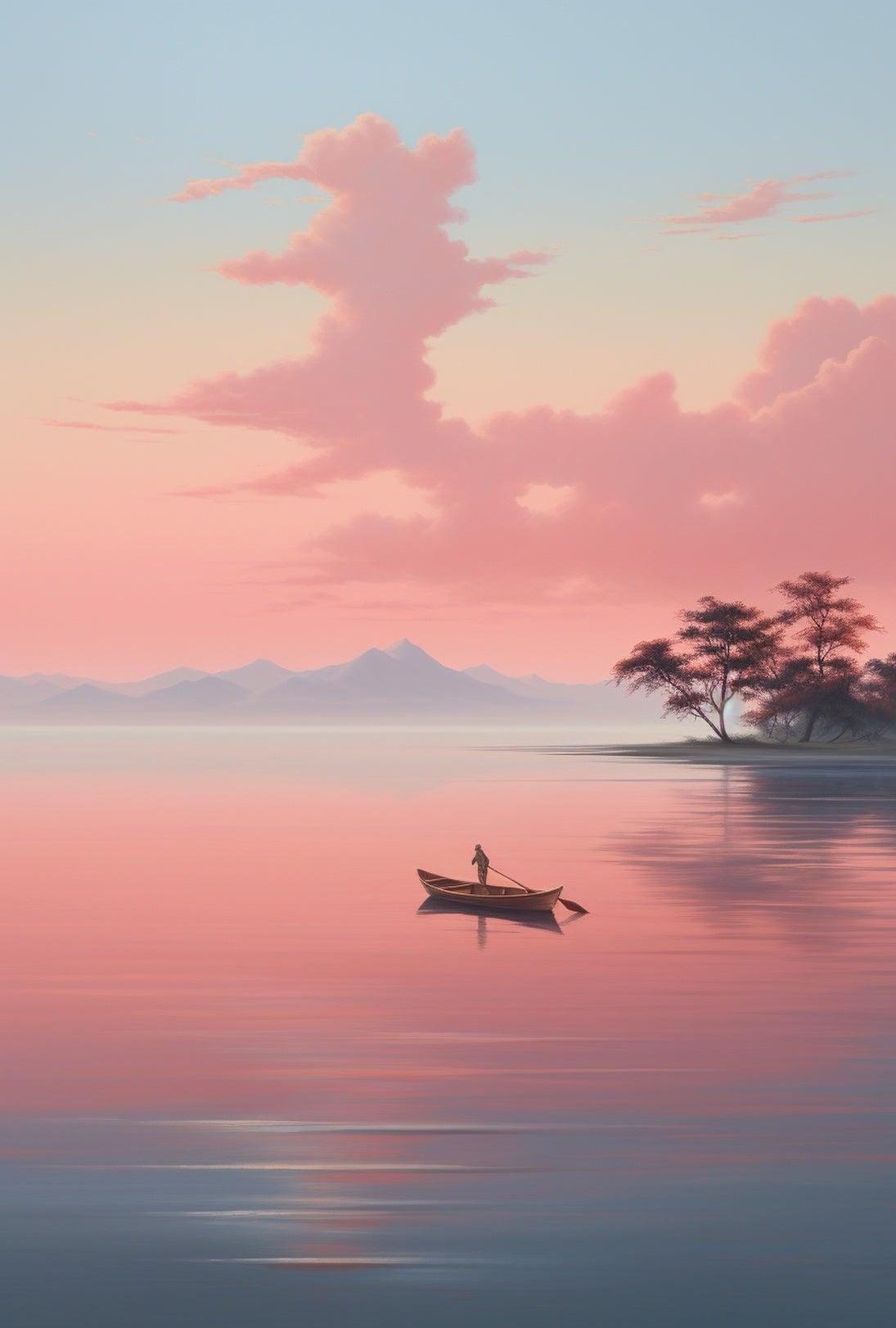 Tranquil Rowboat Scene: Minimalist Nature Inspired Artistic Poster